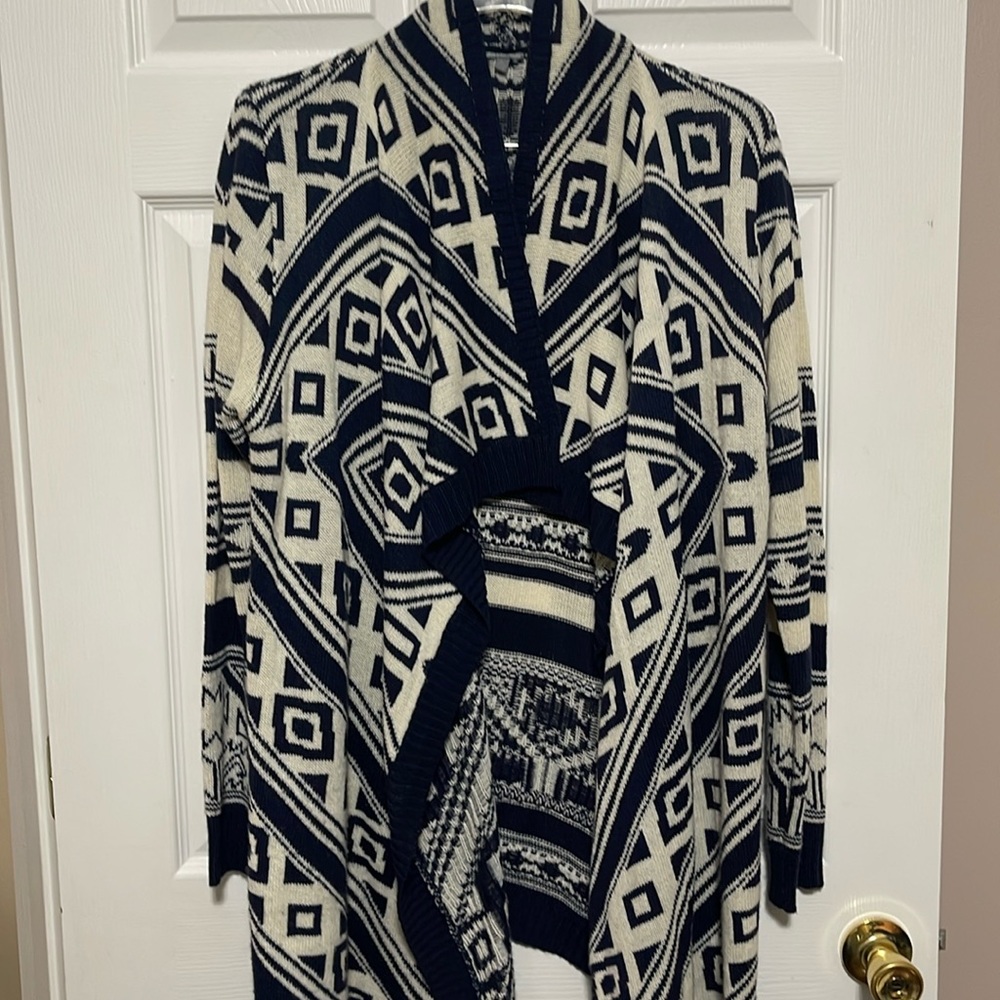 Charlotte Russe; navy and cream; Aztec print cardigan sweater; 100% acrylic